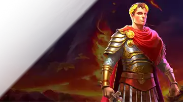 A Roman warrior in armor and a red cape, wearing a laurel crown, standing against a fiery volcano backdrop, symbolizing the Saturday bonus at Vovan Casino.